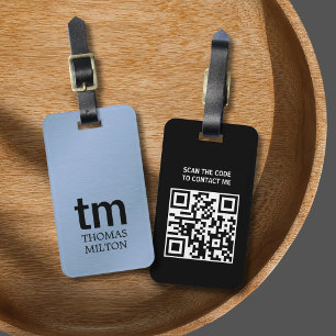 Minimalist Faux Metal Blue Black Bold Monogram QR  Luggage Tag