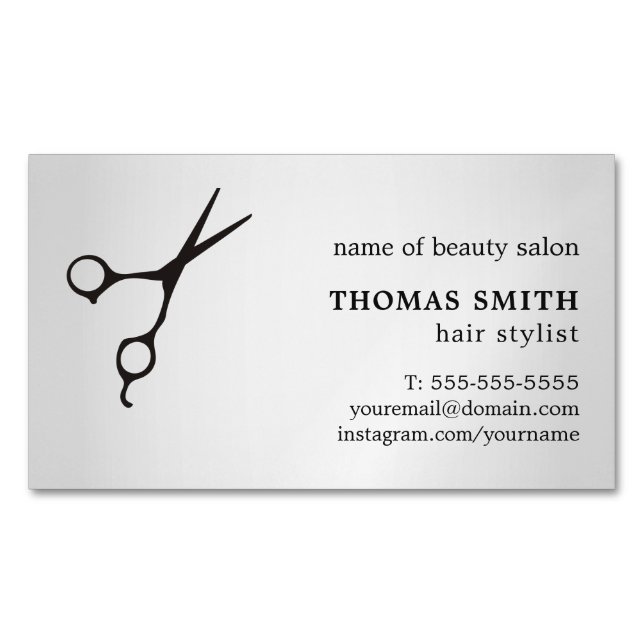 Minimalist Faux Silver Black Scissor Hair Stylist Magnetic Business Card (Front)