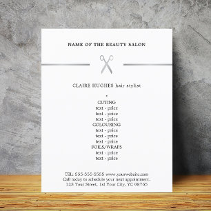 Minimalist Faux Silver Scissor Hairstylist Menu Flyer