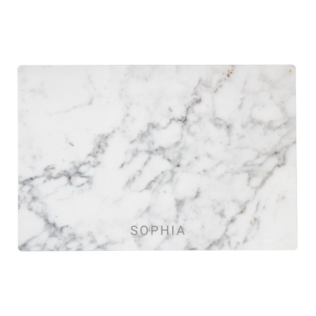 Minimalist Faux White Marble Texture & Custom Name Placemat (Front)