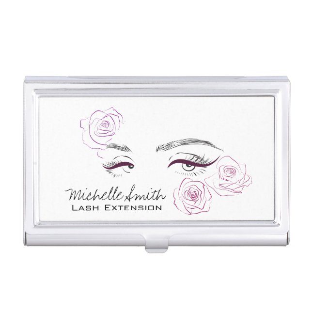 Minimalist Female Eyes Pink Rose Floral Beautician Business Card Holder (Front)