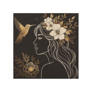 Minimalist Feminine Line Drawing with Golden Wood Wall Art