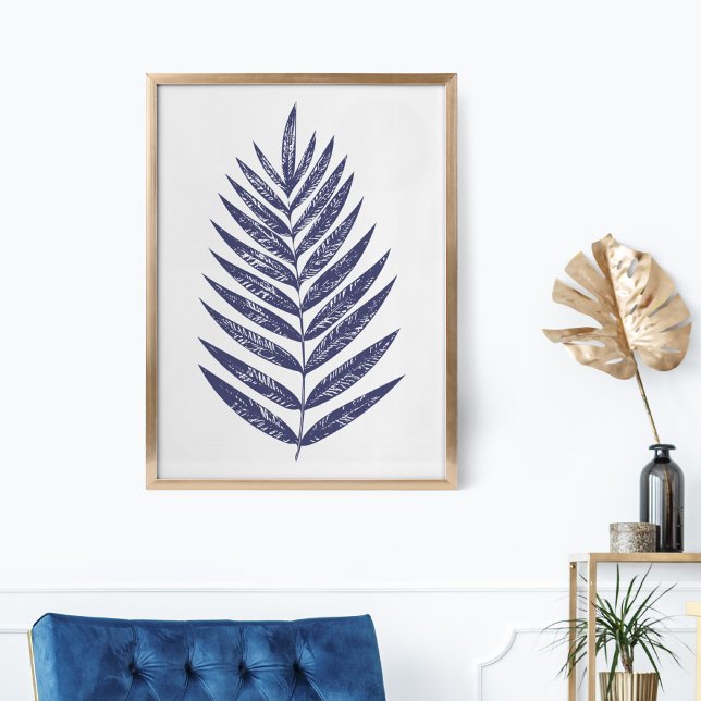 Minimalist Fern Palm Leaves Navy Blue Nature Art Poster (Creator Uploaded)