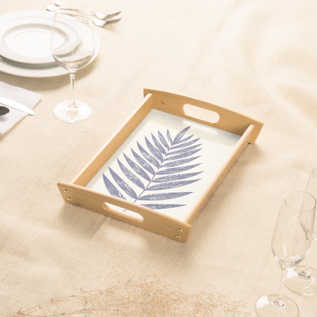Minimalist Fern Palm Leaves Navy Blue Nature Art Serving Tray (Front)