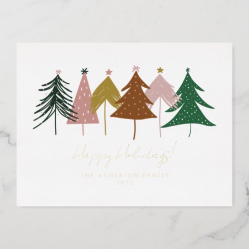 Minimalist Festive Christmas Trees Foil Holiday Postcard