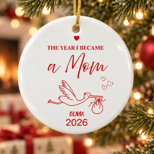 Minimalist Festive Red The Year I Became A Mom Ceramic Ornament