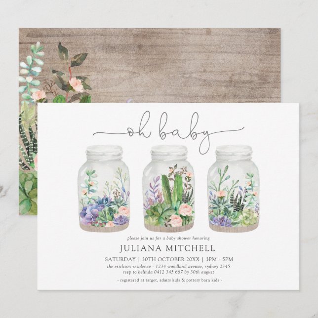 Minimalist Fiesta Terrarium Succulent Baby Shower Invitation (Front/Back)
