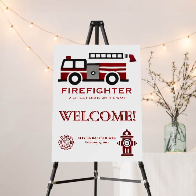 Minimalist Firefighter "Little Hero" Baby Shower Foam Board (In Situ (Stand))