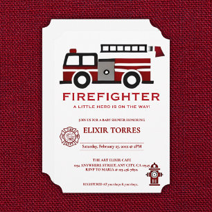Minimalist Firefighter "Little Hero" Baby Shower Invitation