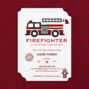Minimalist Firefighter "Little Hero" Baby Shower Invitation