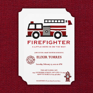 Minimalist Firefighter "Little Hero" Baby Shower Invitation