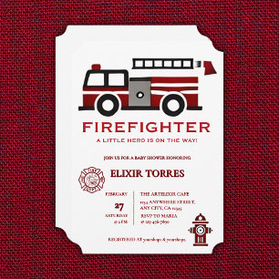 Minimalist Firefighter "Little Hero" Baby Shower Invitation