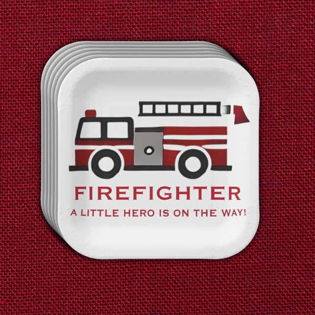 Minimalist Firefighter "Little Hero" Baby Shower Paper Plates (Creator Uploaded)