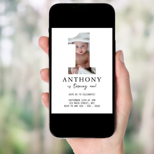 Minimalist First Birthday Invitation Photo Modern  (Front Digital)