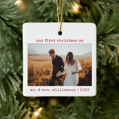 Minimalist First Christmas as Mr and Mrs Photo Ceramic Ornament