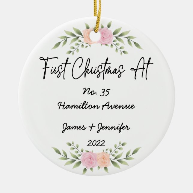 Minimalist First Christmas at Address New Home Ceramic Ornament (Front)