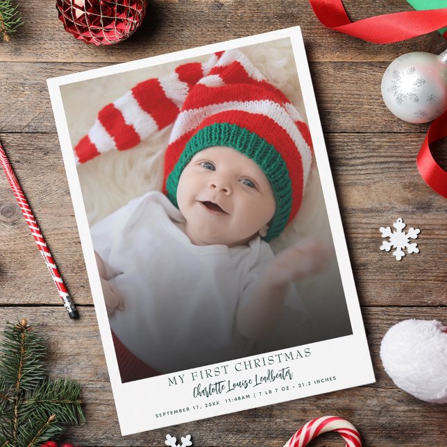 Minimalist First Christmas Baby Birth Photo Holiday Card (Christmas Card Baby Photo First Holiday Birth Stats Greetings)