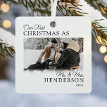 Minimalist First Christmas Married Metal Ornament<br><div class="desc">Simple chic newlywed christmas ornament featuring a modern white background,  a photo either side,  the saying 'our first christmas as mr & mrs',  your name,  and the year.</div>