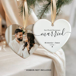 Minimalist First Christmas Married Names & Photo Ceramic Ornament
