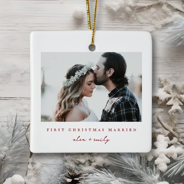 Minimalist First Christmas Married Photo Ceramic Ornament (Minimalist First Christmas Married Photo Ceramic Ornament - Front features Photo + Names)