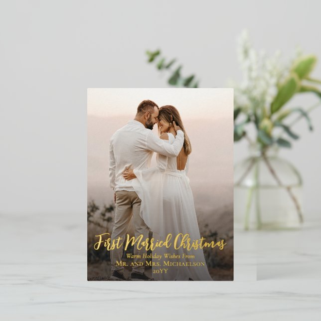 Minimalist First Married Christmas One Photo  Foil Holiday Postcard (Standing Front)
