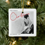 Minimalist First Married Christmas Script Photo Ceramic Ornament<br><div class="desc">Remember your first married Christmas forever with this modern, minimalist black and white holiday ornament, featuring 'Christmas' in modern red hand lettered typography and your favorite wedding photo. The photo is repeated on the back, with your wedding date details overlaid. Copyright Anastasia Surridge for The Christmas Shop, all rights reserved....</div>
