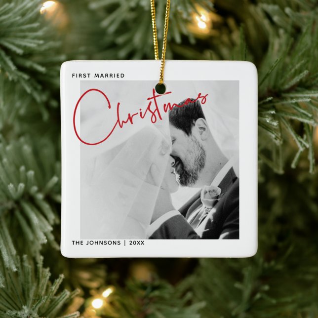Minimalist First Married Christmas Script Photo Ceramic Ornament (Tree)