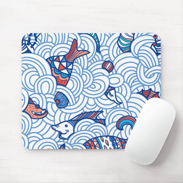 Minimalist Fishes and waves Mouse Pad (With Mouse)