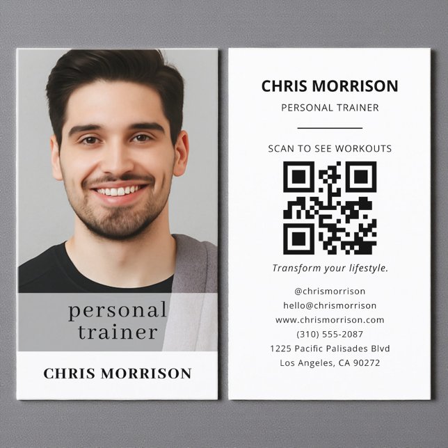 Minimalist Fitness QR Code Personal Trainer Photo Business Card (Creator Uploaded)