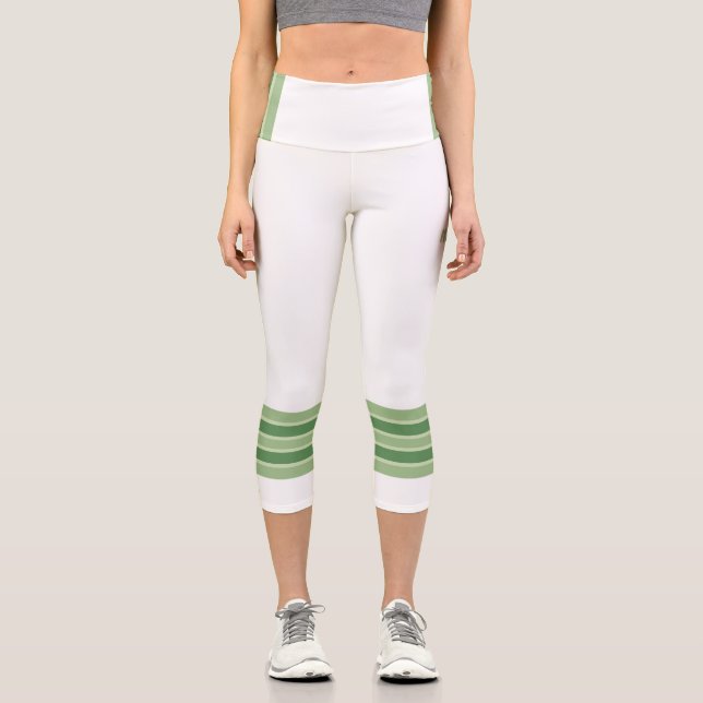 Minimalist, Five Green Retro Stripes, Text White Capri Leggings (Front)