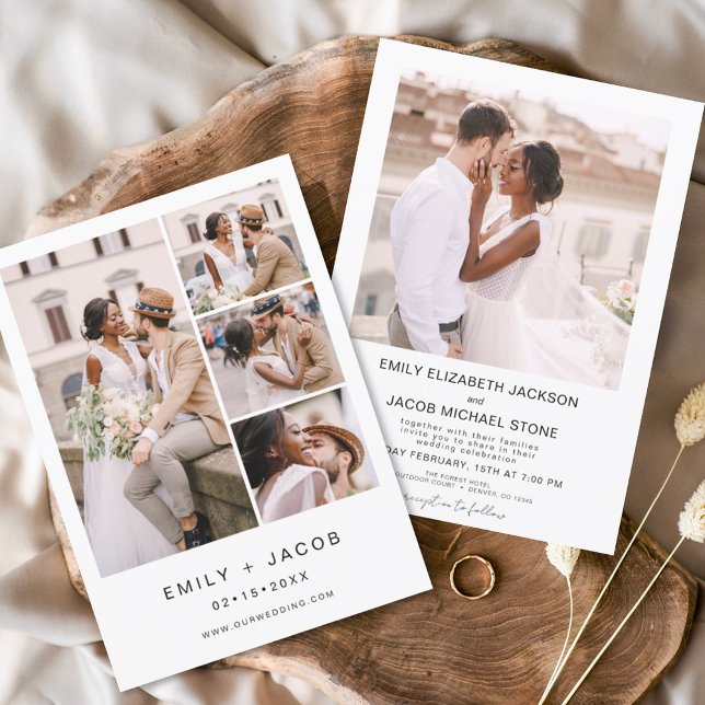 Minimalist Five Photo White Wedding Elegant  Invitation (Creator Uploaded)