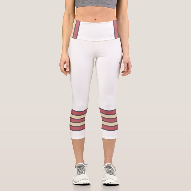 Minimalist, Five Retro Stripes, Text on White Capri Leggings (Front)