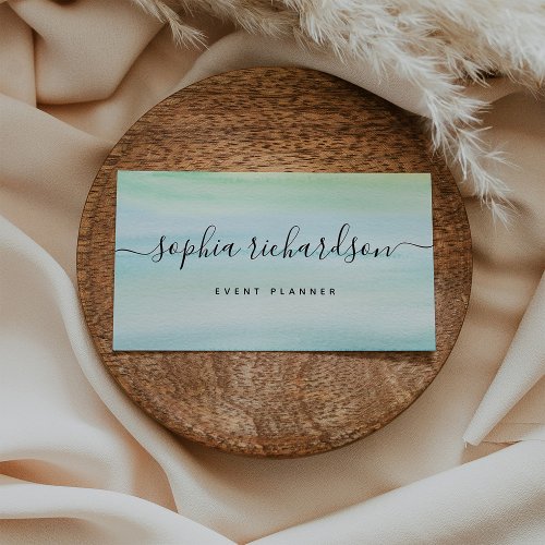 Minimalist Flair Blue Green Watercolor and Script Business Card