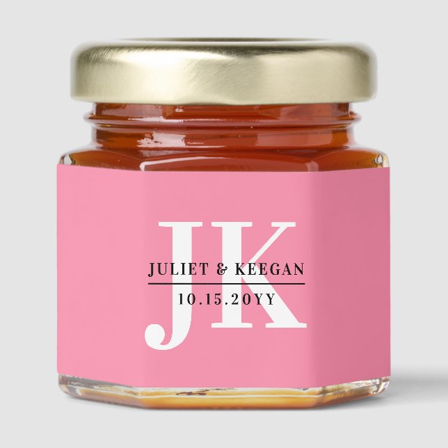 Minimalist Flamingo Pink Monogram Wedding Honey Jar Favors (Front)