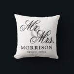 Minimalist Flemish Elegant Script Mr and Mrs Throw Pillow<br><div class="desc">Flemish Minimalist Elegant Script Mr and Mrs Throw Pillow. This is a simple and minimalist design style pillow with an elegant flemish custom script,  you can add family name and wedding date,  established year,  etc. This is a perfect gift for newlyweds new home.</div>