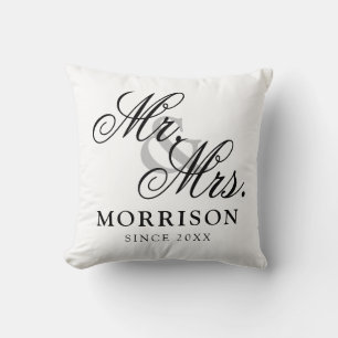 Minimalist Flemish Elegant Script Mr and Mrs Throw Pillow