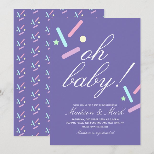 Minimalist Floating Sprinkles Purple  Baby Shower  Invitation (Front/Back)