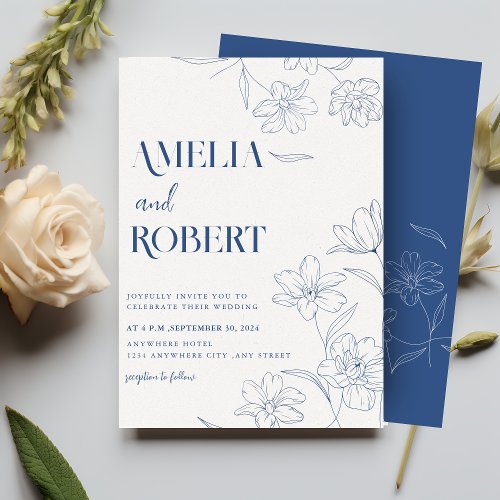 Minimalist floral and botanical Blue Wedding Invitation