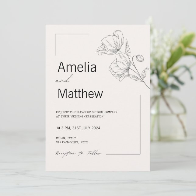 Minimalist Floral Black and White Elegant Wedding Invitation (Standing Front)