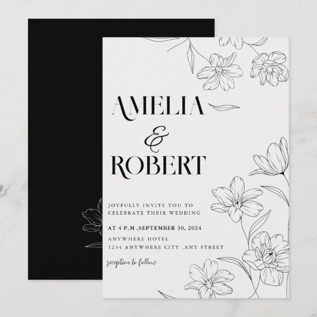 Minimalist floral Black and white Wedding Invitation (Front/Back)