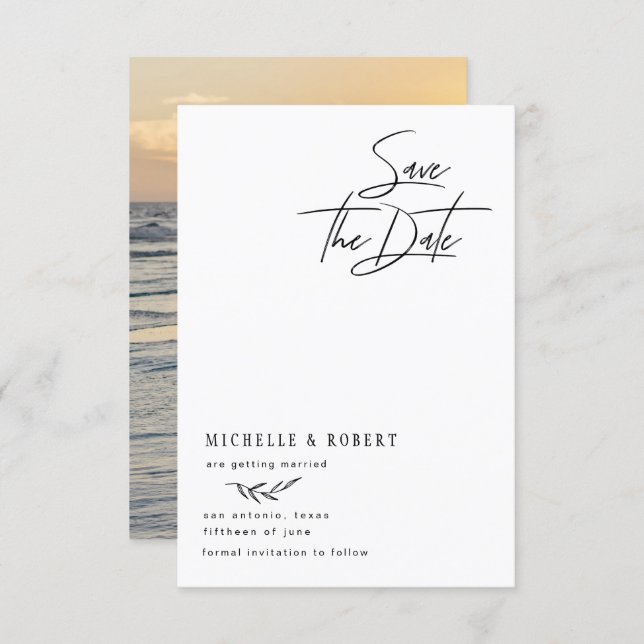 Minimalist Floral Black Tie Photo Save The Date Invitation (Front/Back)