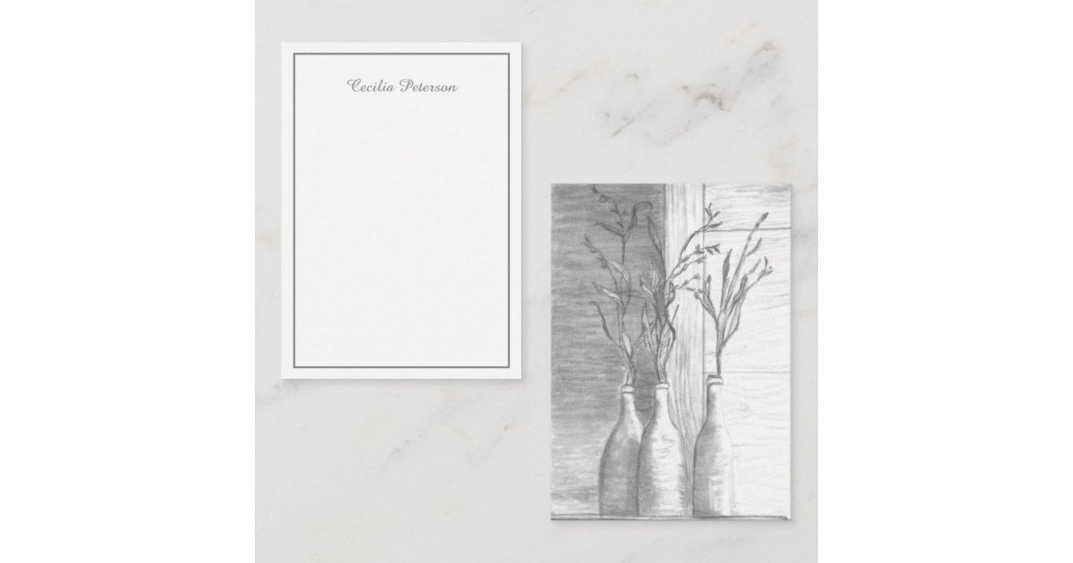 Draw Note Card Minimalist Floral Black White Pencil Drawing Note Card | Zazzle