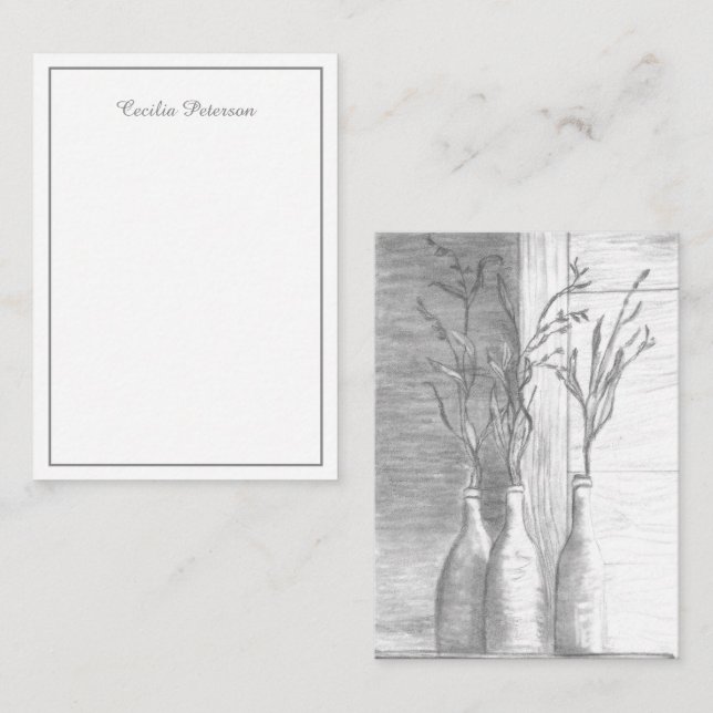 Minimalist Floral Black White Pencil Drawing  Note Card (Front/Back)