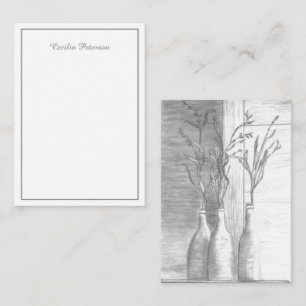 Minimalist Floral Black White Pencil Drawing Note Card