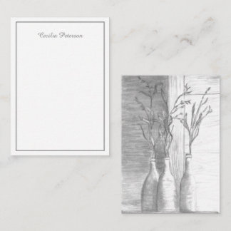 Minimalist Floral Black White Pencil Drawing Note Card