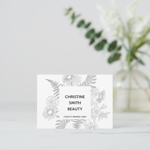 Minimalist Floral Black White Salon Loyalty Card