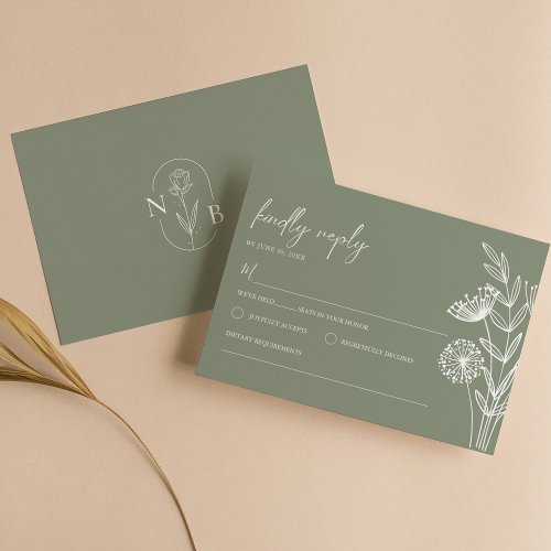 Minimalist Floral Boho Sage Green Modern Wedding RSVP Card
