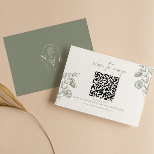 Minimalist Floral Boho Sage Green Wedding QR Code RSVP Card
