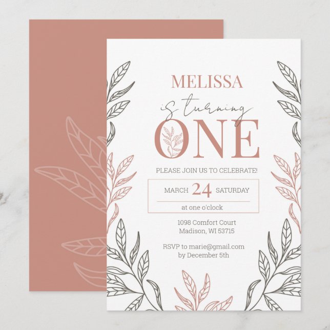 Minimalist Floral Boho Terracotta 1st Birthday  In Invitation (Front/Back)