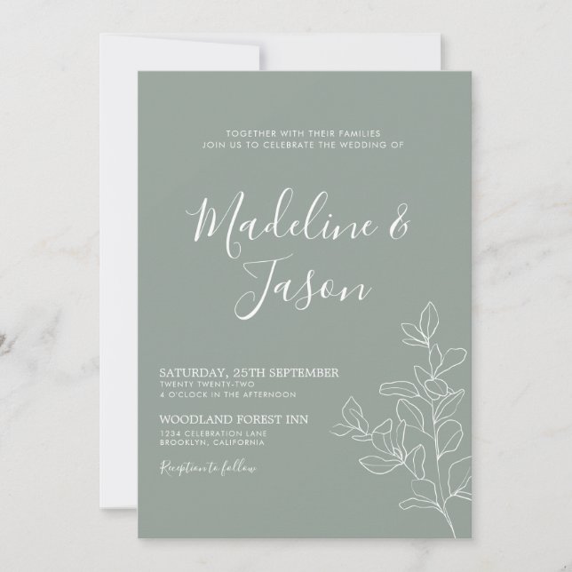 Minimalist Floral Botanical Sage Green Wedding Invitation (Front)